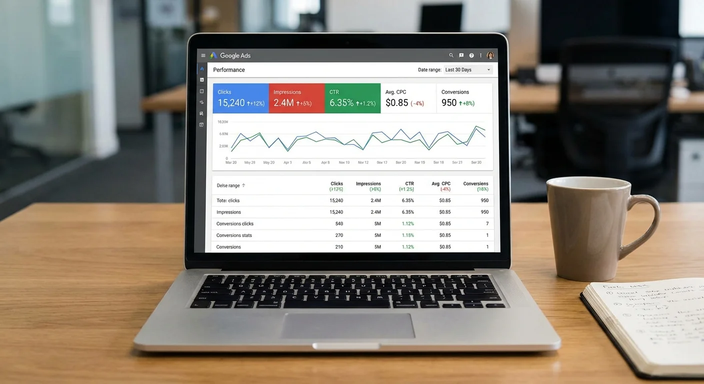 Google Ads performance dashboard showing key metrics like clicks, impressions and conversion data
