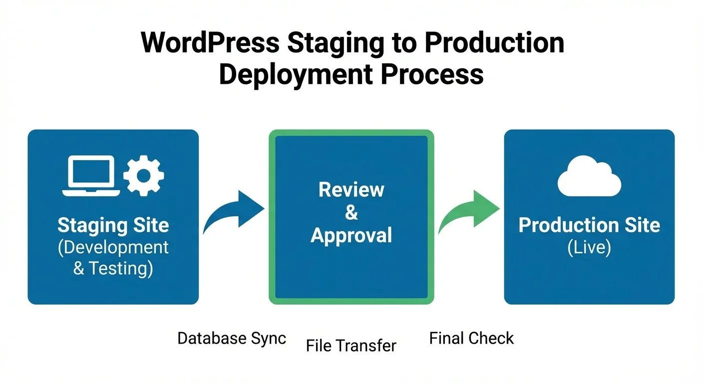 WordPress staging to production deployment workflow diagram