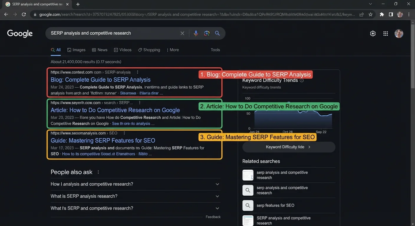Google search results page showing top ranking blog posts for SEO analysis