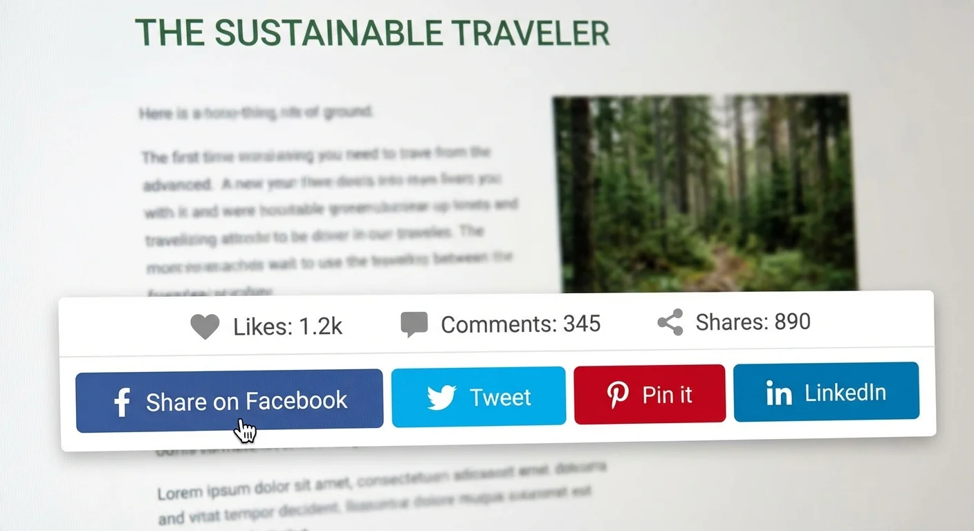 Social media sharing buttons and engagement metrics on a blog post