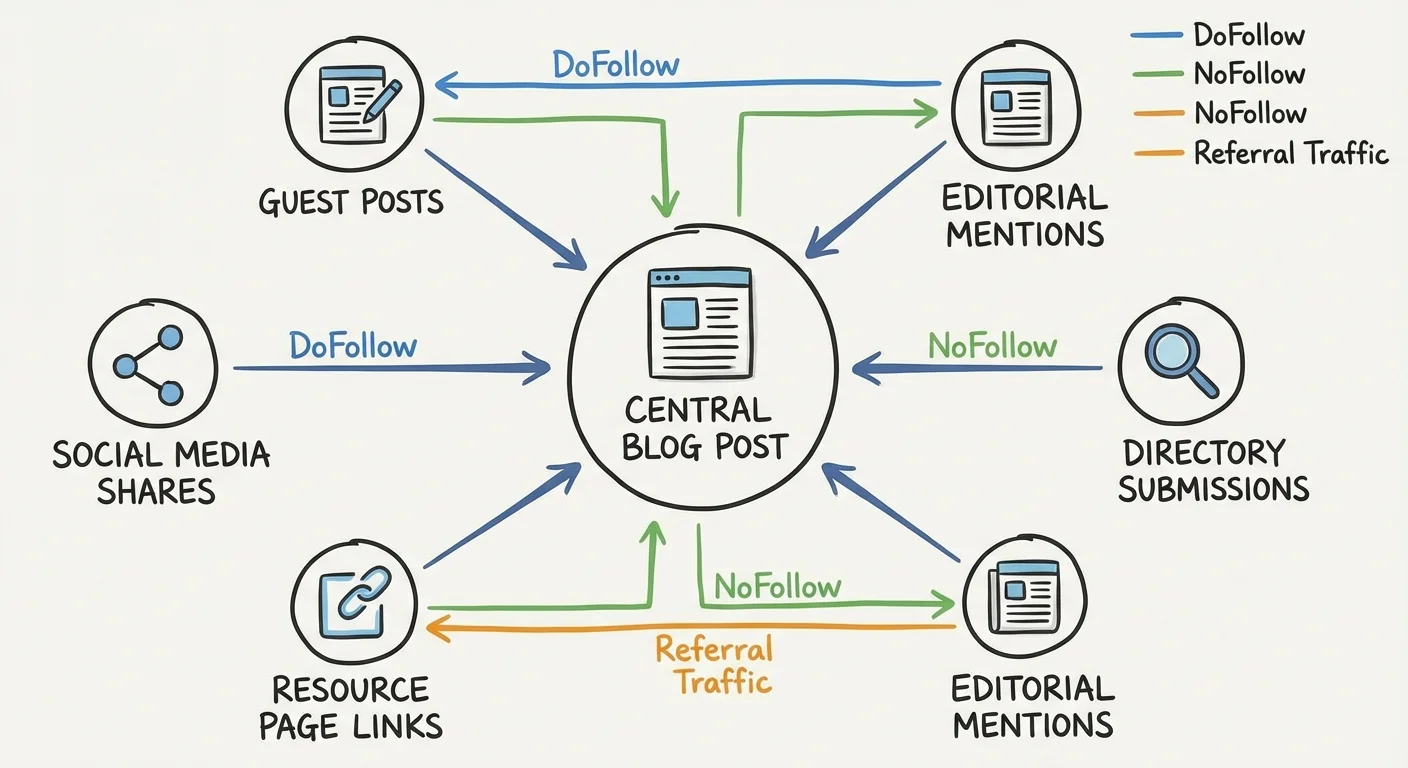 Link building strategy diagram showing different types of backlinks
