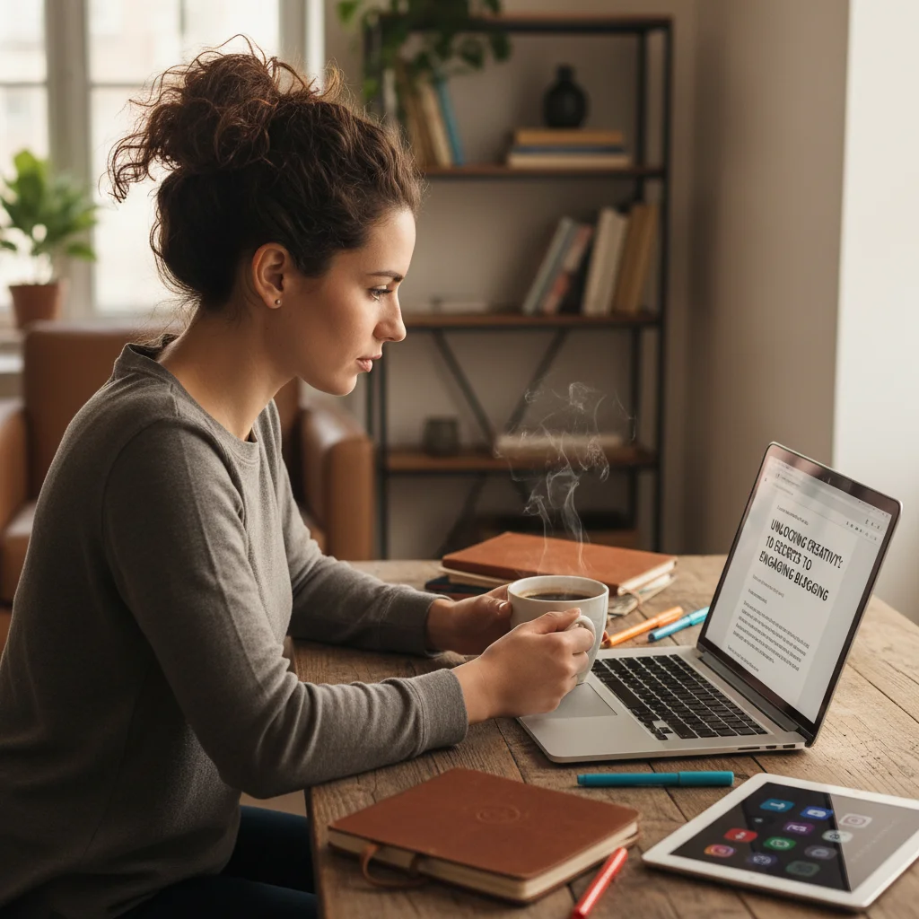 Content creator writing engaging blog post with laptop and coffee