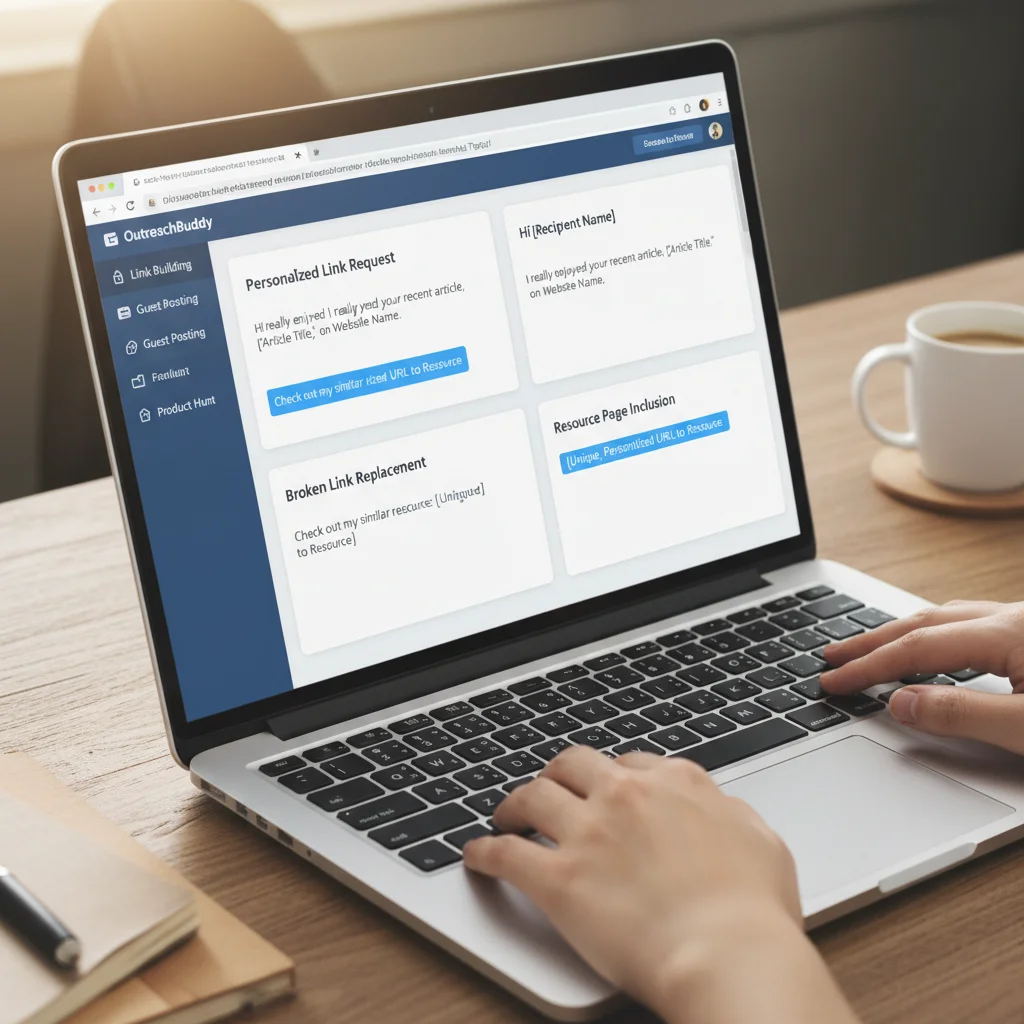 Email outreach templates on laptop screen showing personalised link building messages