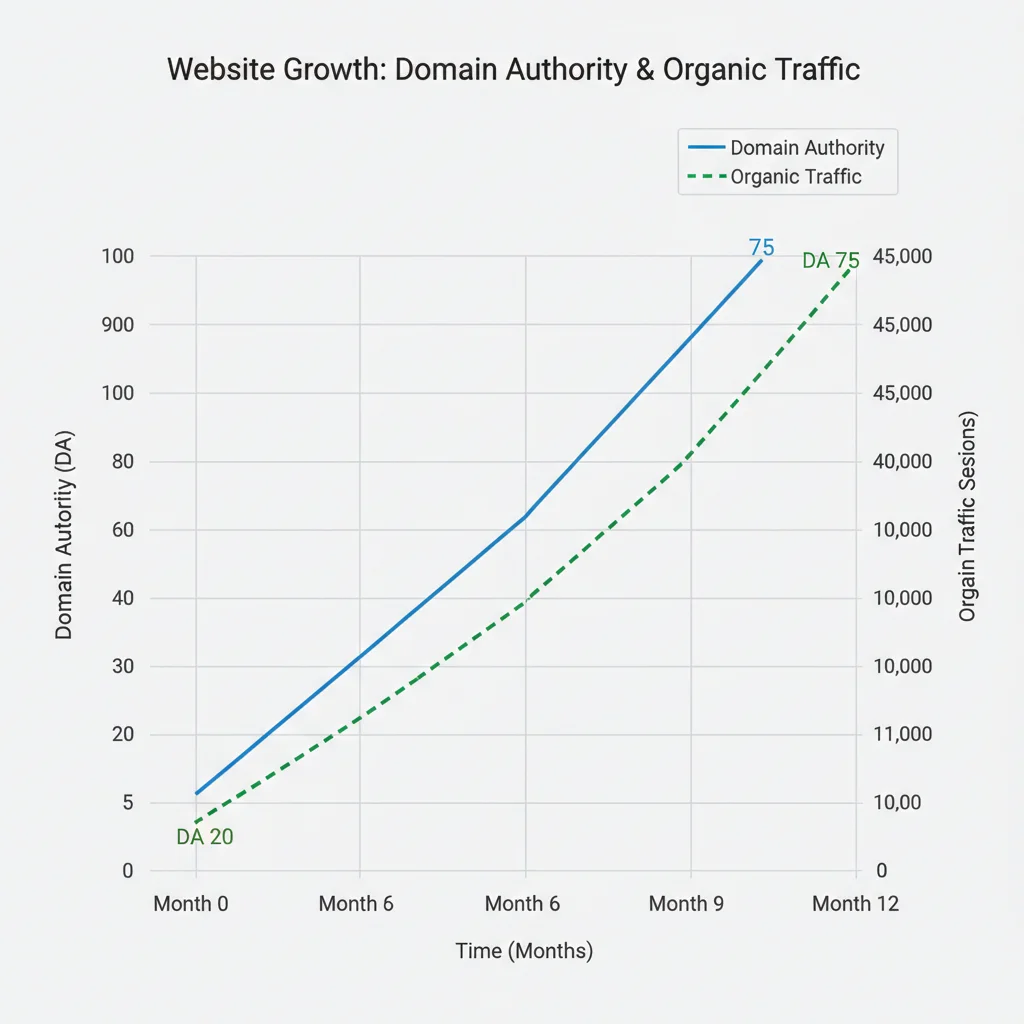 Graph showing steady increase in domain authority and organic traffic over time