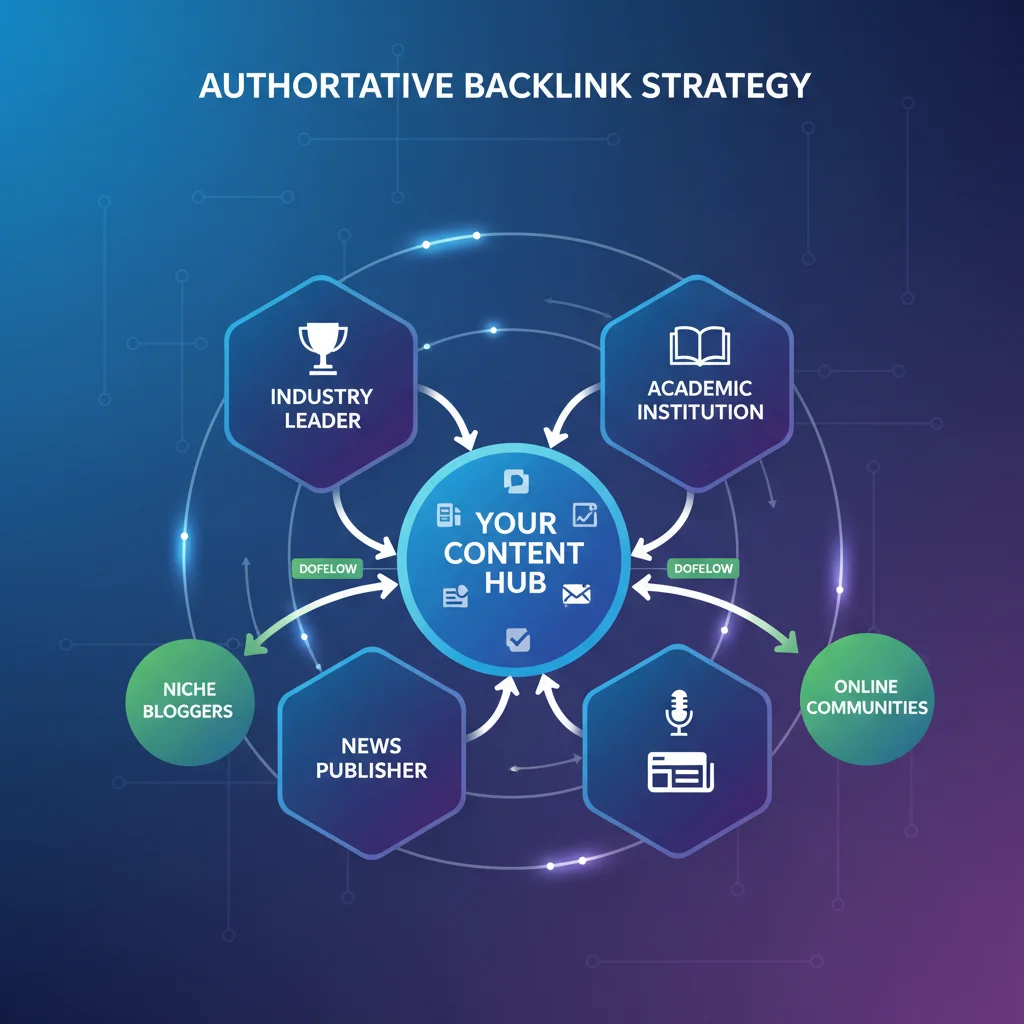 High-quality backlink strategy diagram showing authoritative websites linking to your content