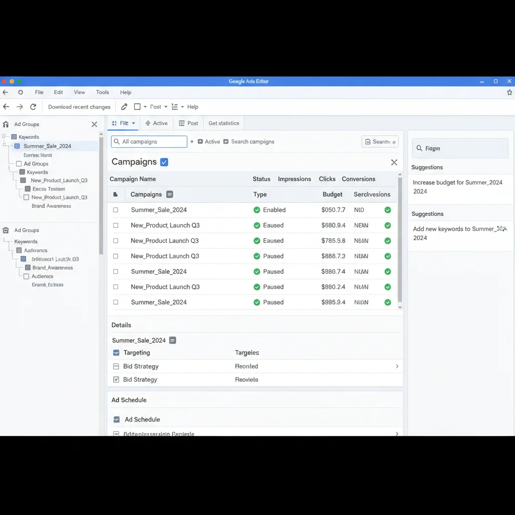 Google Ads Editor interface showing campaign management dashboard