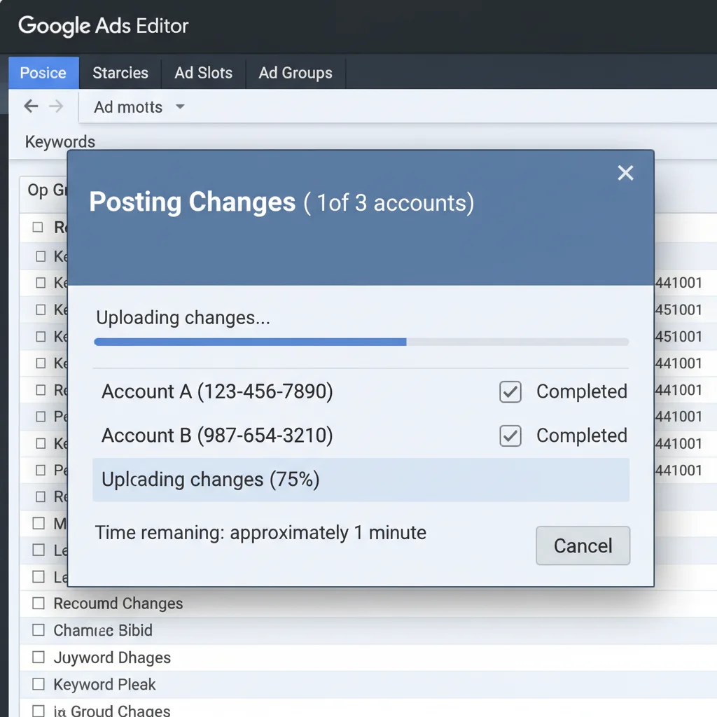 Google Ads Editor posting changes interface with progress indicator