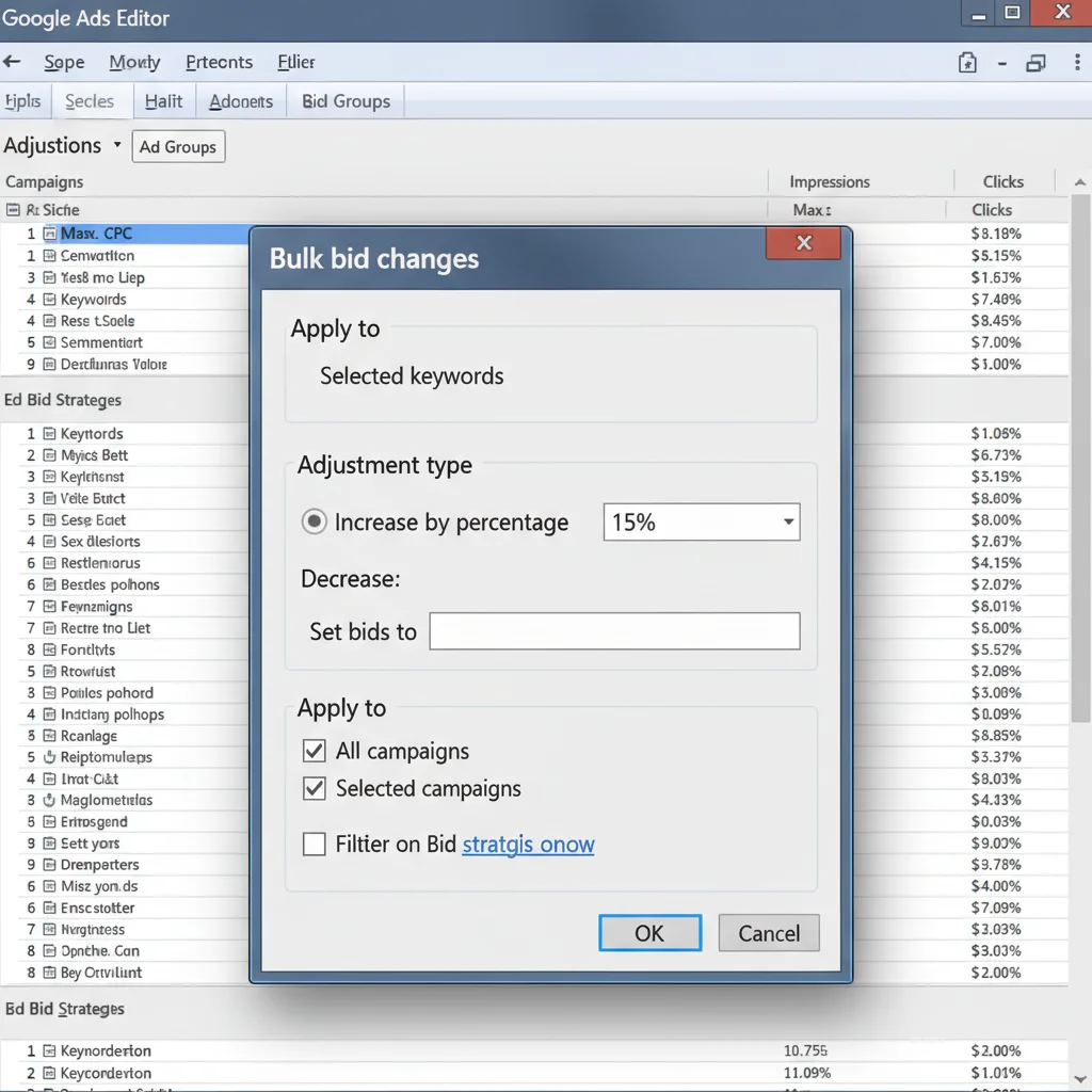 Bulk bid changes interface in Google Ads Editor showing percentage adjustment options