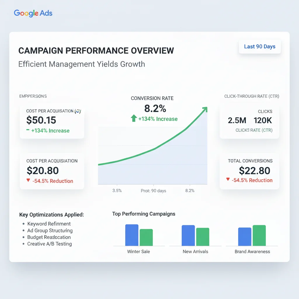 Google Ads campaign performance dashboard showing improved results from efficient management