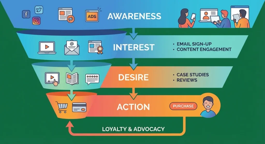 Marketing funnel diagram showing customer journey from awareness to purchase