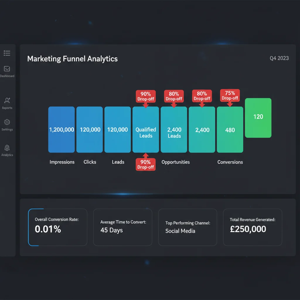 Marketing funnel analytics dashboard showing conversion rates and drop-off points