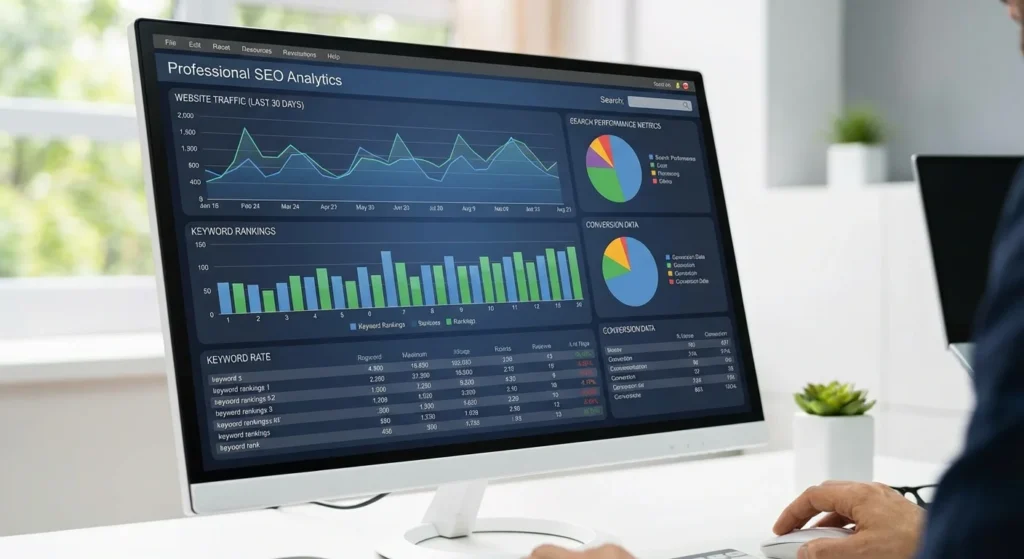 SEO statistics dashboard showing website performance metrics and search rankings