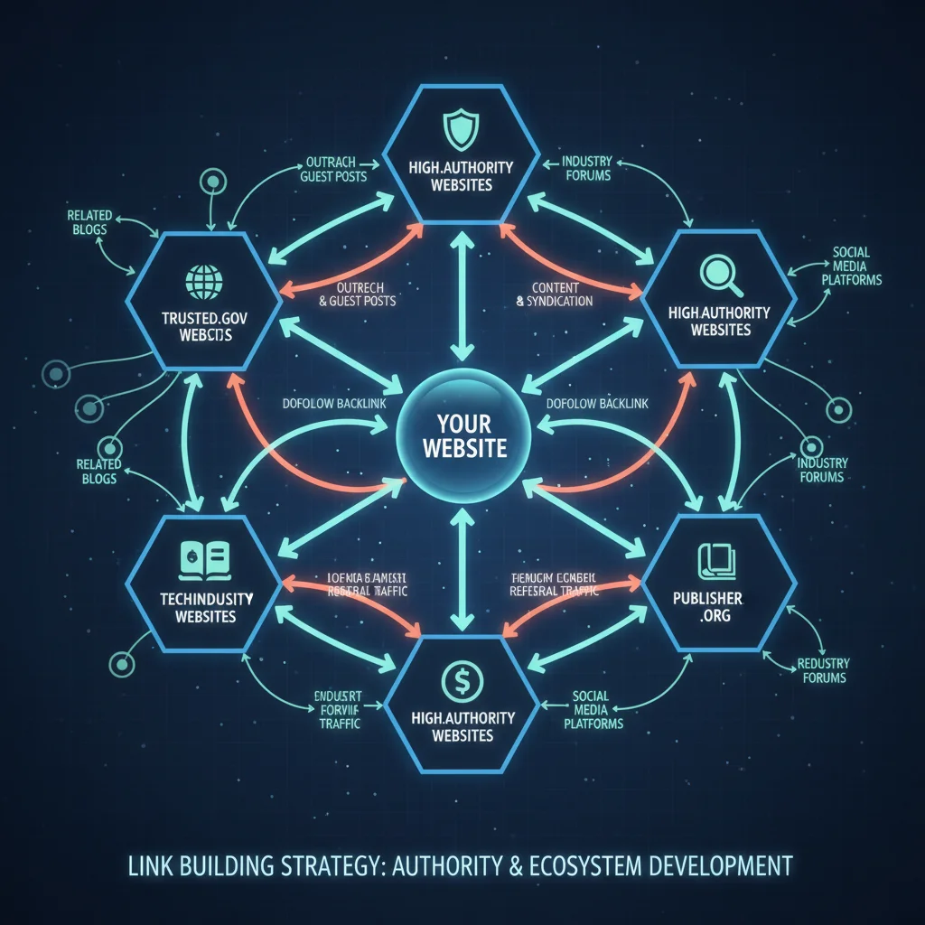 Link building strategy diagram showing backlink acquisition and domain authority growth
