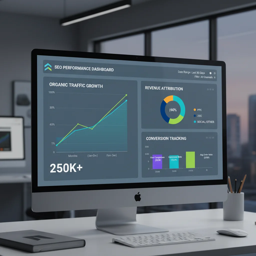 SEO ROI dashboard showing organic traffic growth, keyword rankings and conversion metrics