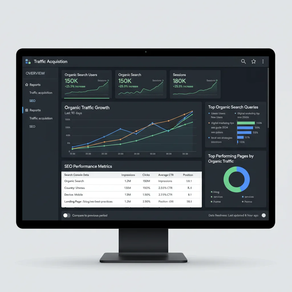 Google Analytics dashboard showing organic traffic growth and SEO performance metrics