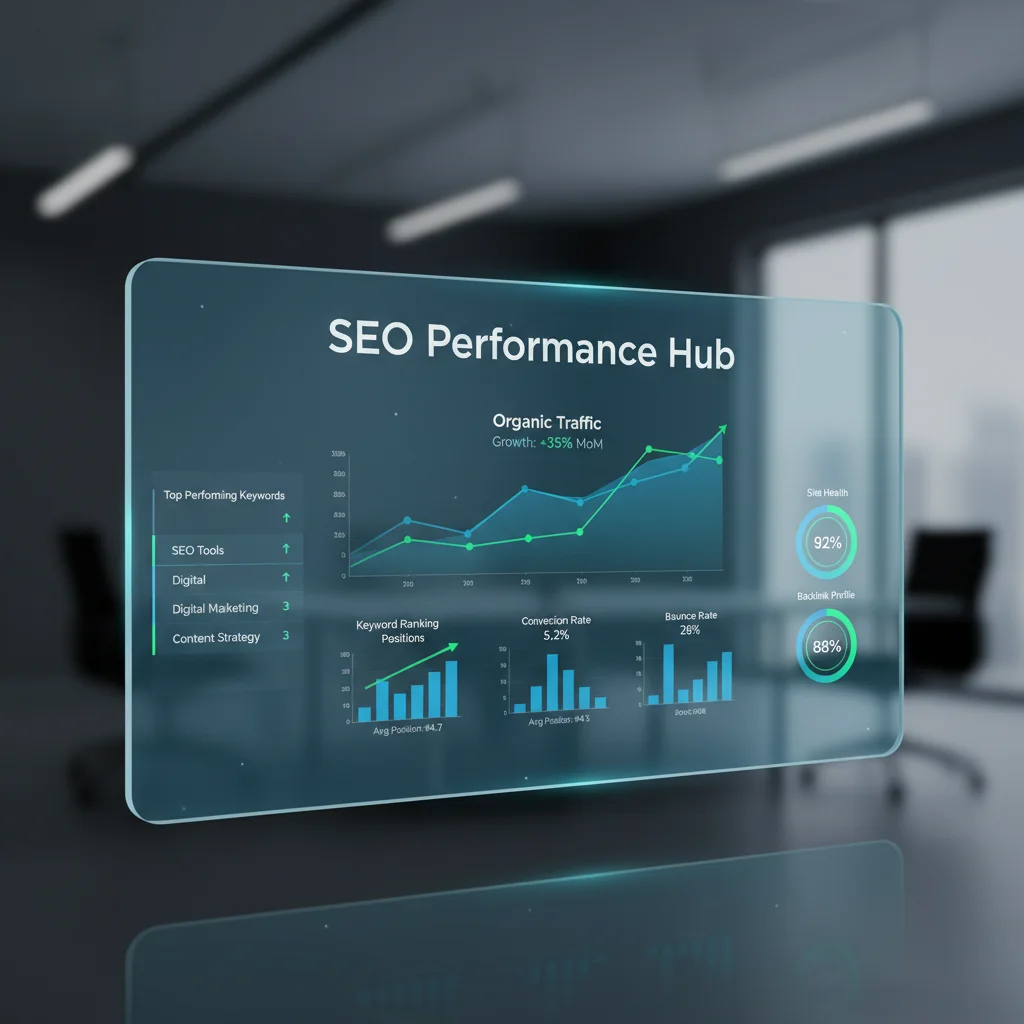SEO strategy dashboard showing organic traffic growth and keyword rankings