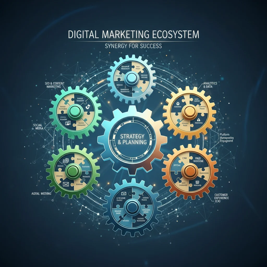 Digital marketing strategy components working together as interconnected gears