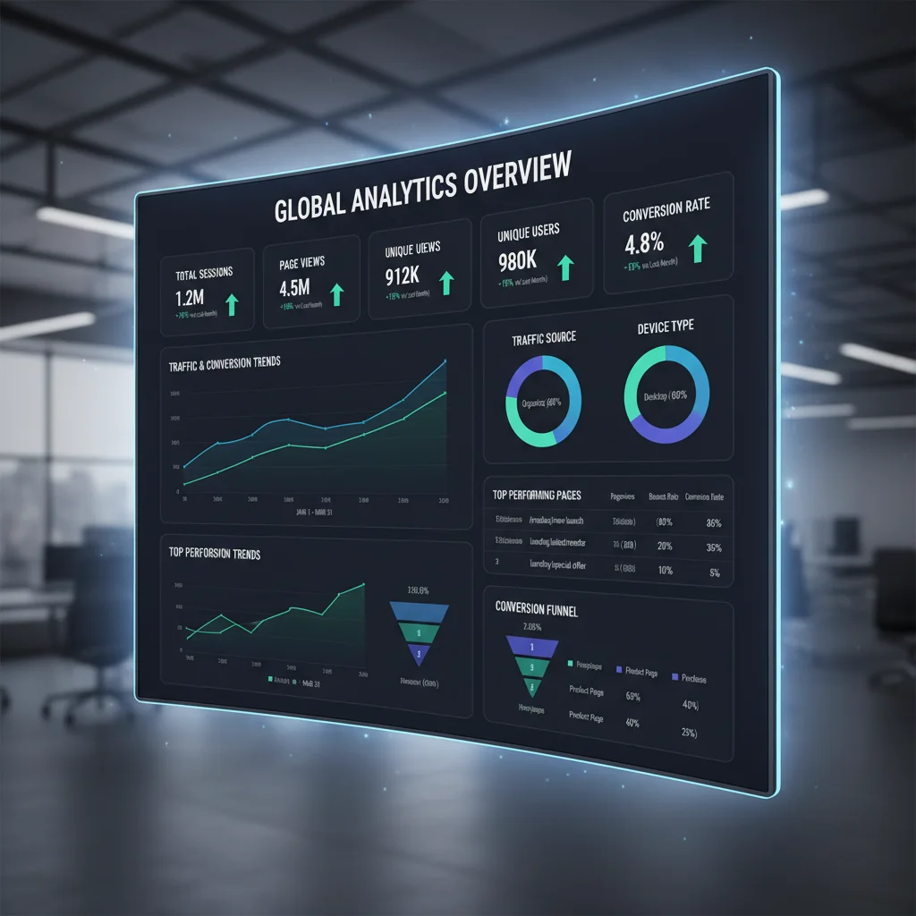 Website analytics dashboard showing key performance metrics and conversion data