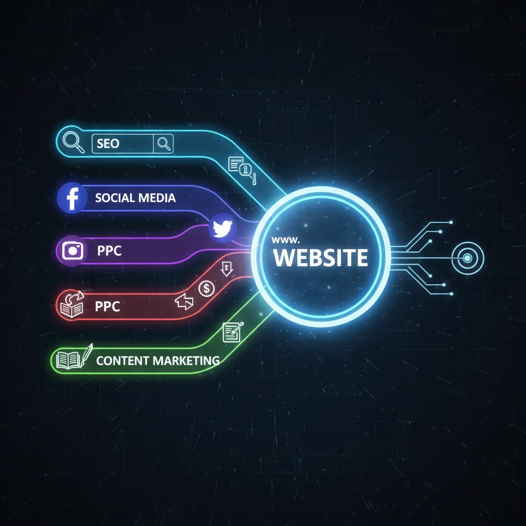 Multiple digital marketing channels including SEO, social media, PPC, and content marketing flowing into a central website