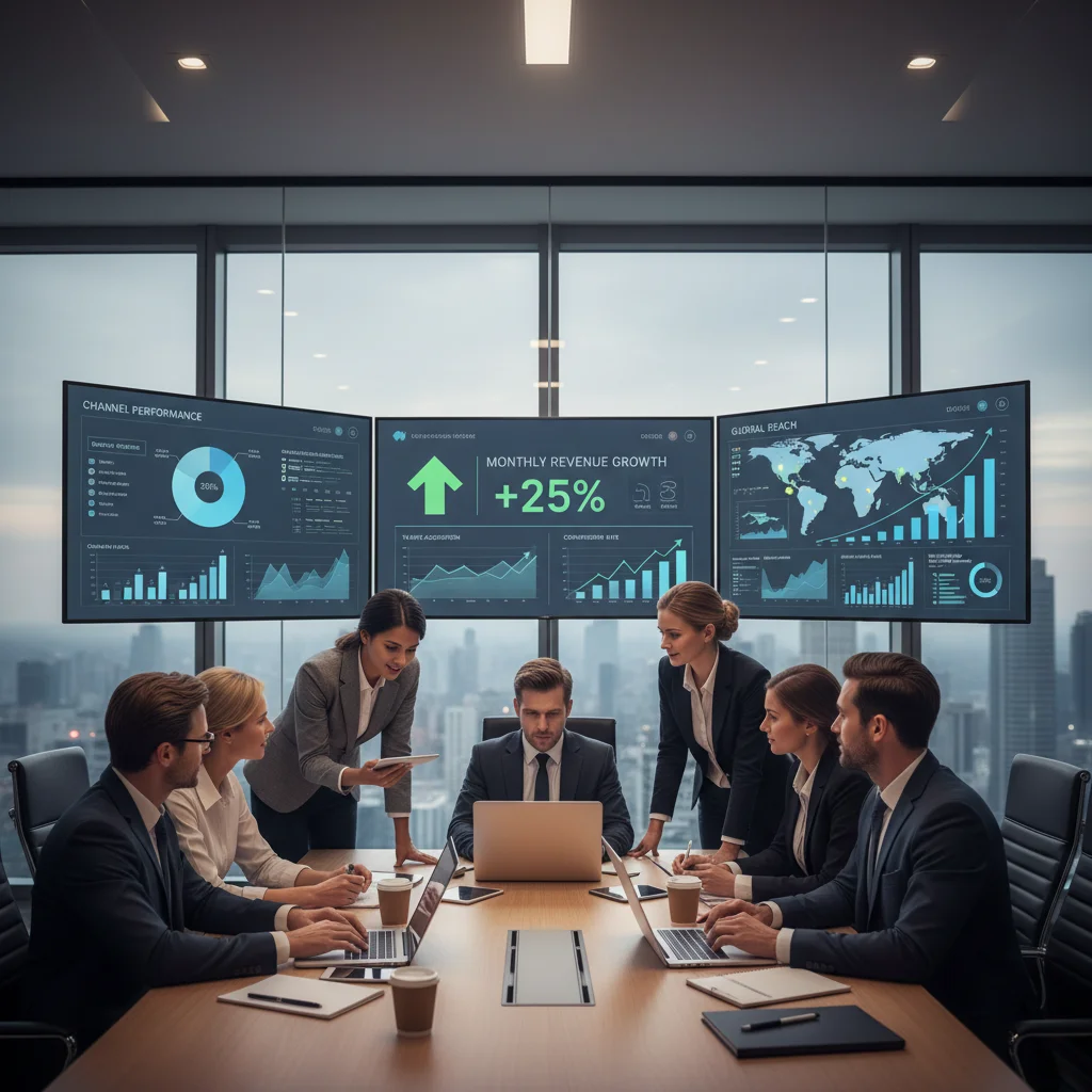 Business team reviewing digital marketing performance data on multiple screens showing growth metrics