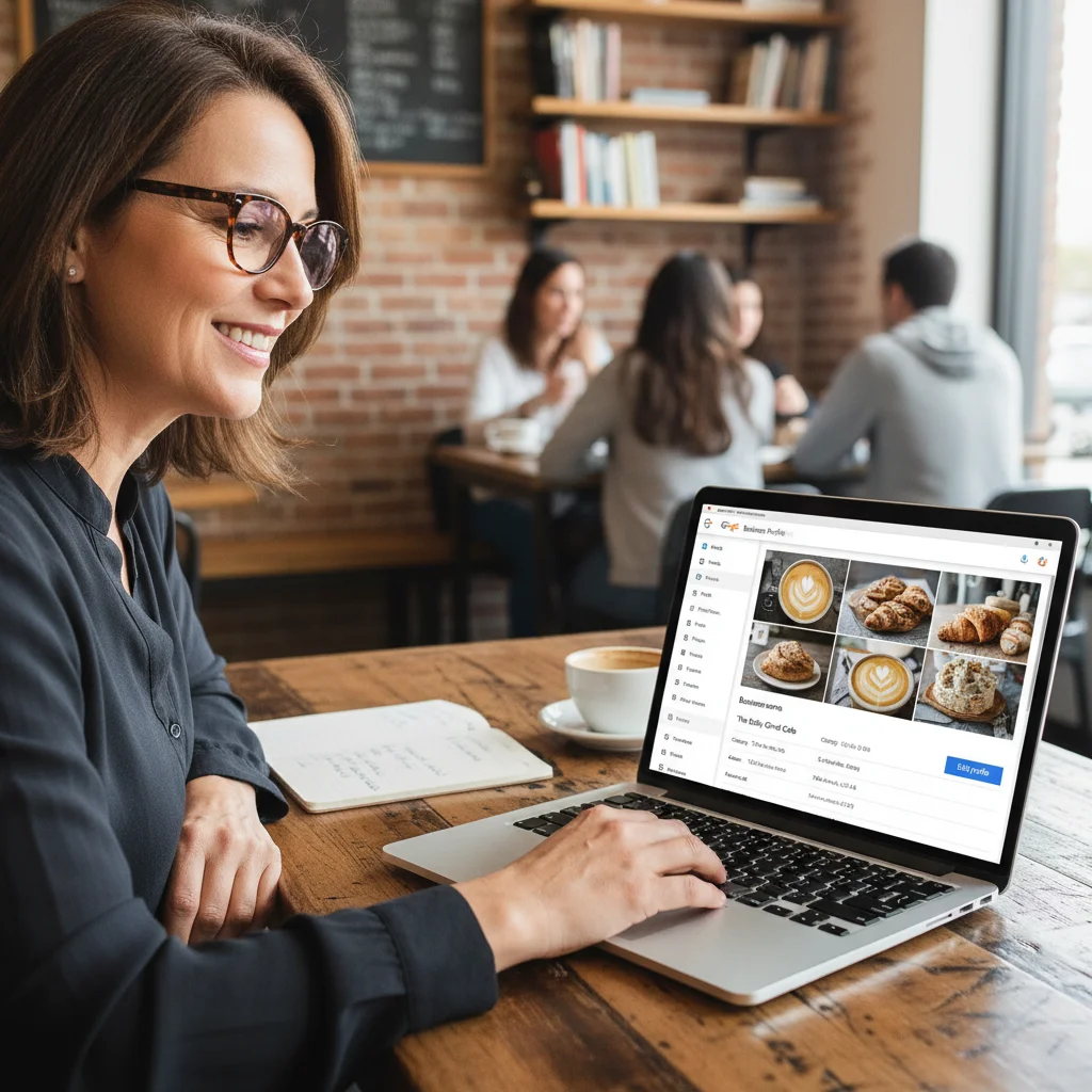 Business owner optimising Google Business Profile dashboard with photos and information