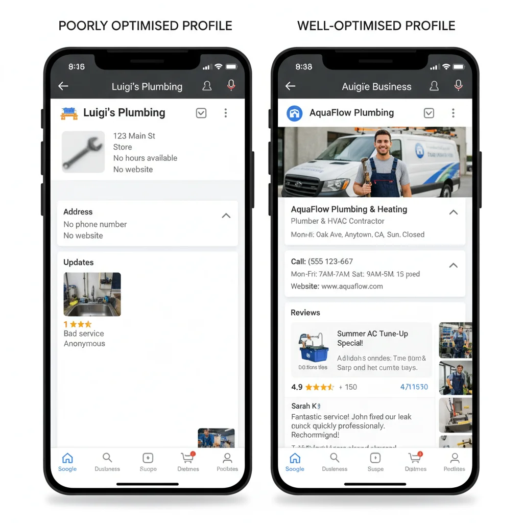 Comparison of optimised versus unoptimised Google Business Profile examples