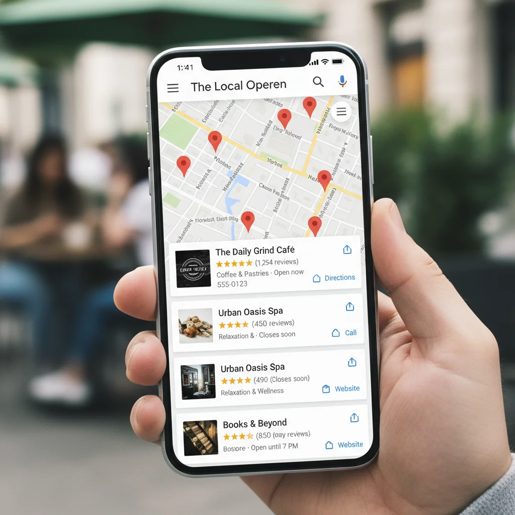 Mobile Google Maps showing local business search results with ratings and reviews