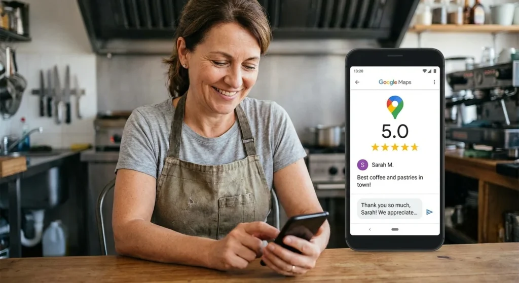 Business owner responding to Google My Business reviews on smartphone with 5-star rating visible