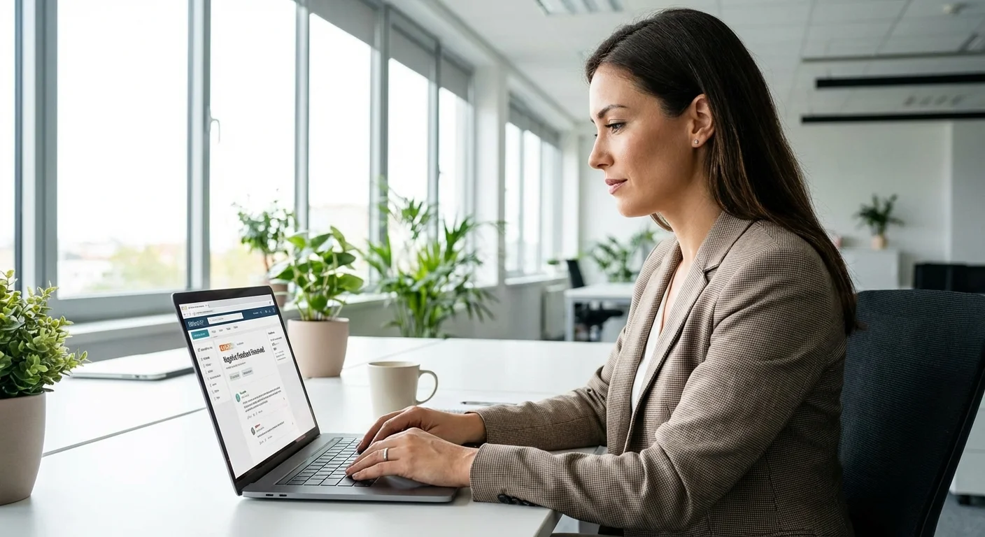 Professional business owner calmly addressing negative review feedback on computer