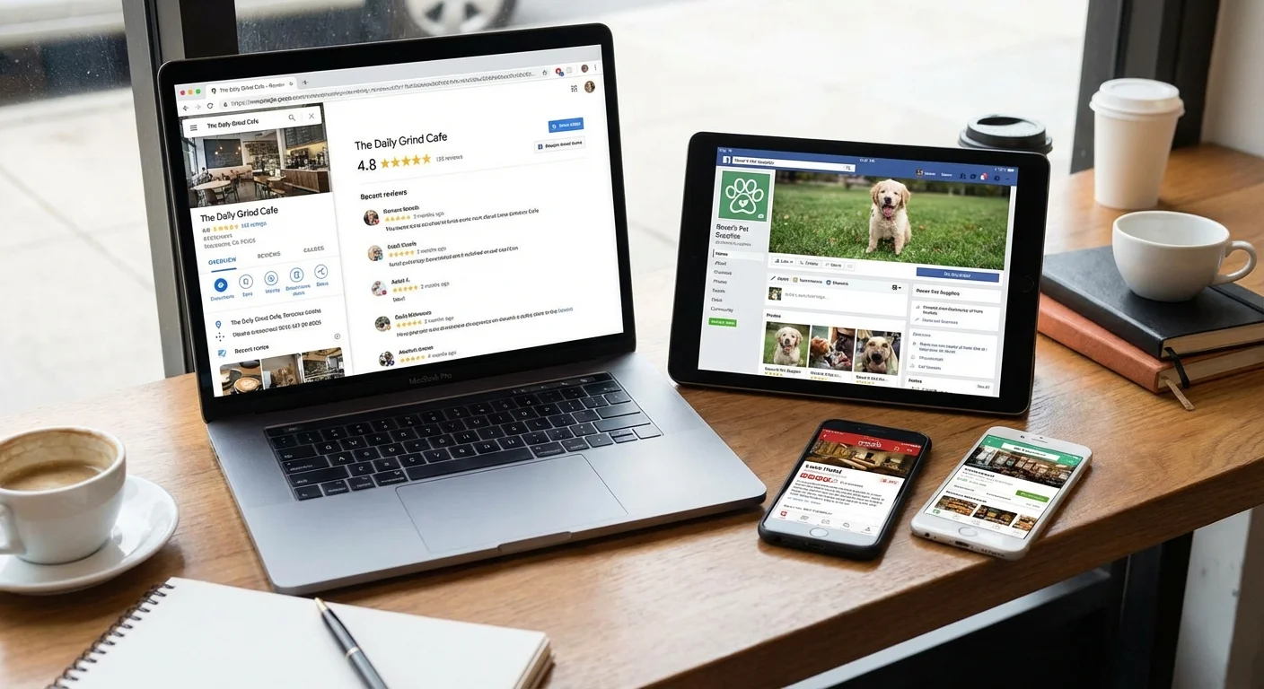 Multiple device screens showing various review platforms and star ratings