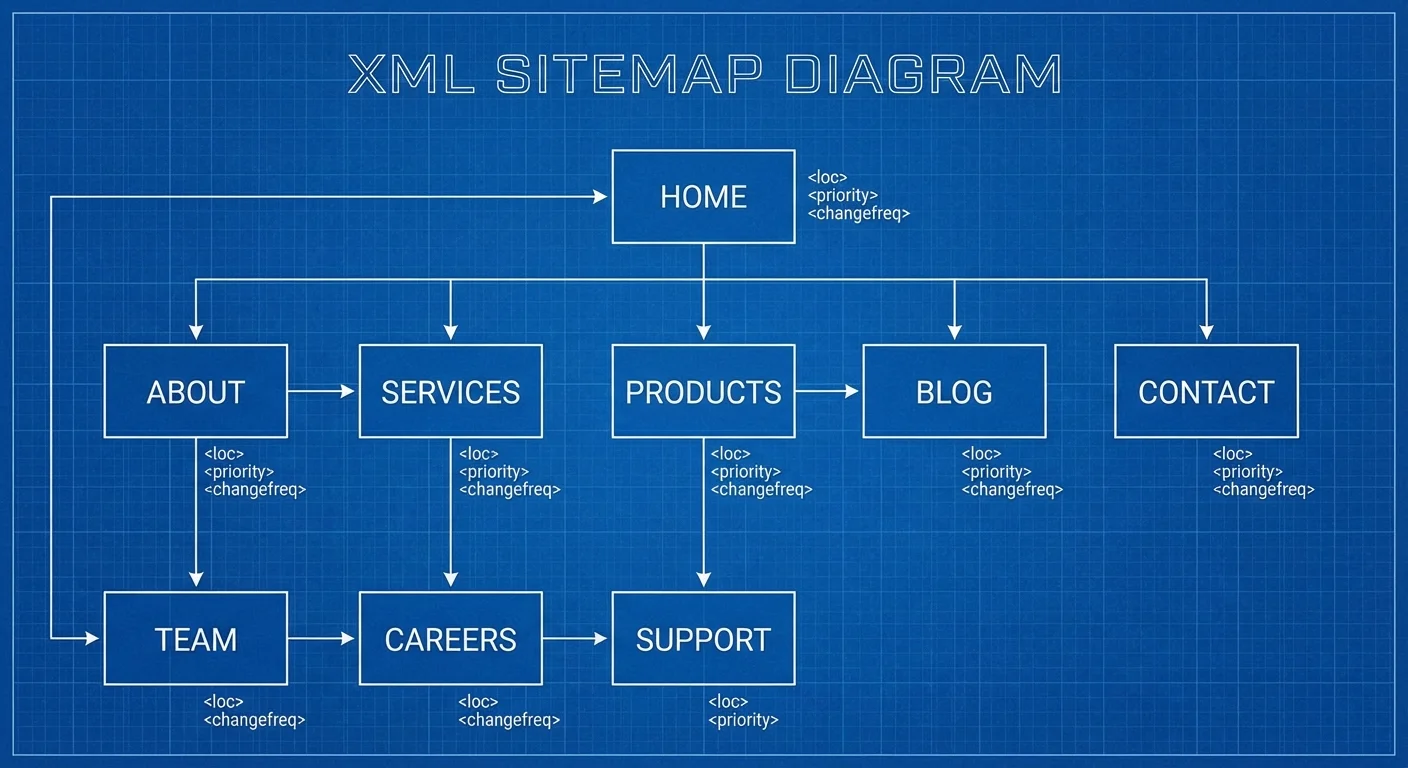 XML sitemap structure showing website hierarchy and page organization