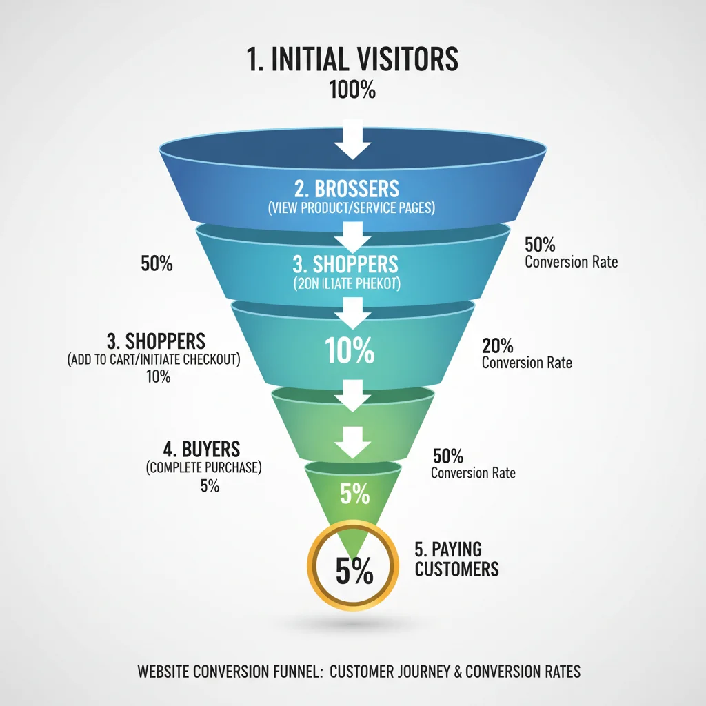 Website conversion funnel showing visitor journey from traffic to customer
