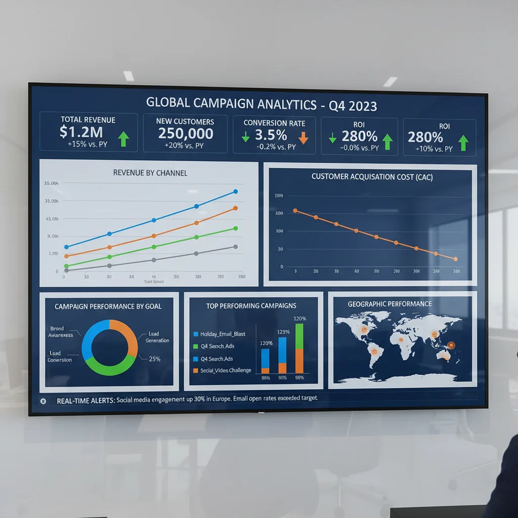 Marketing performance dashboard showing multiple KPIs and trend analysis