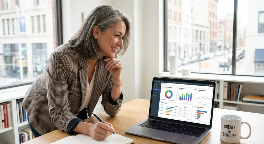 Small business owner working on digital marketing strategy on laptop