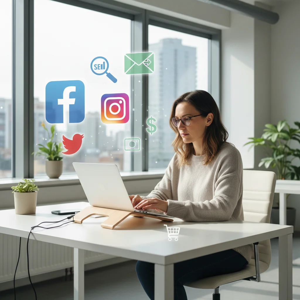 Small business owner working on laptop with digital marketing icons surrounding them