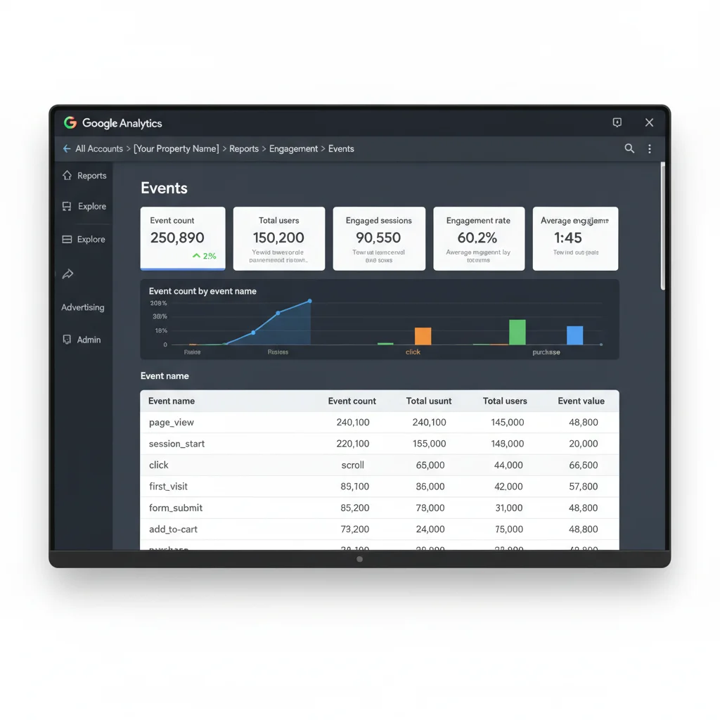 Google Analytics 4 dashboard showing event-based tracking interface