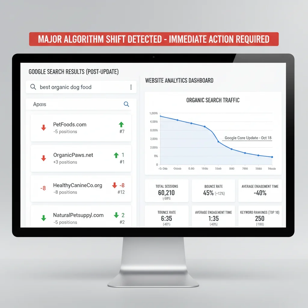 Google algorithm update impact showing website ranking changes and analytics data