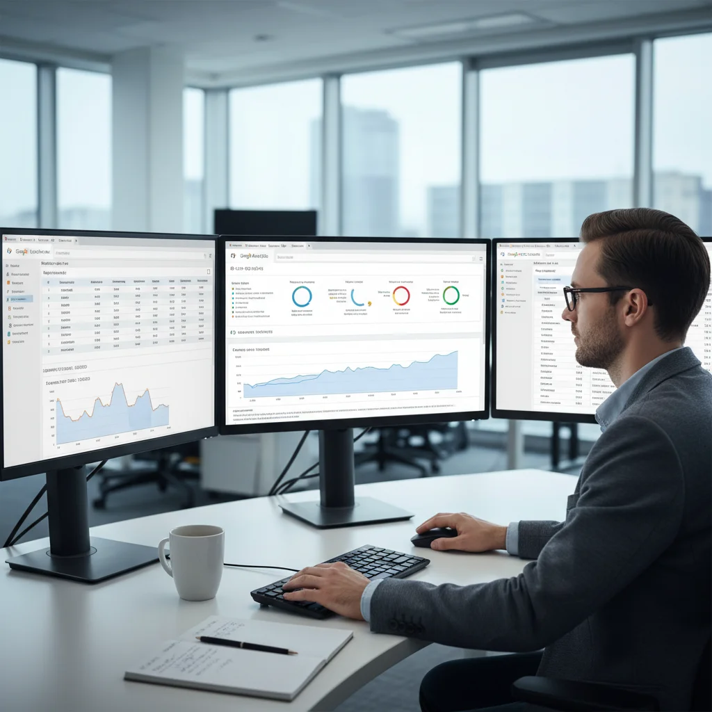 SEO professional analysing website performance metrics and search engine ranking changes