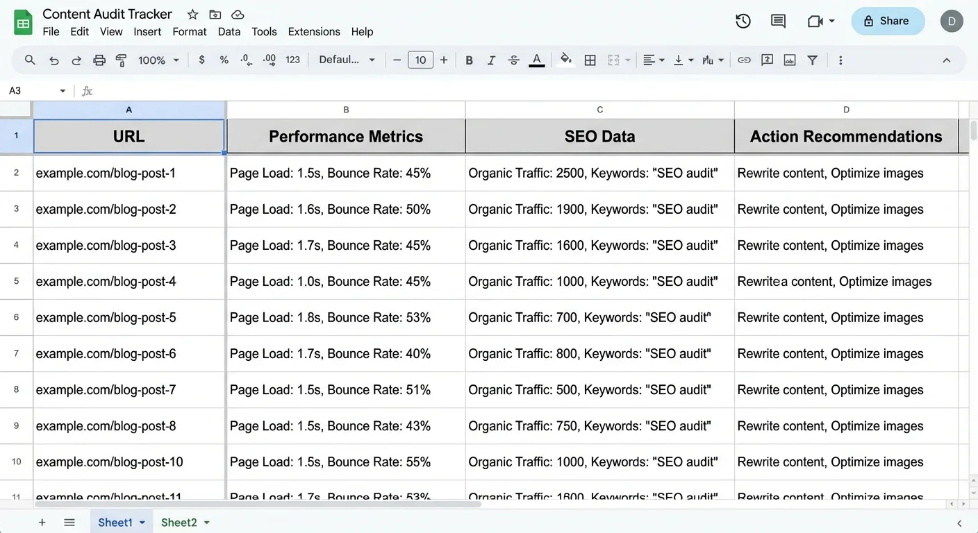 Content audit spreadsheet showing performance metrics and analysis columns