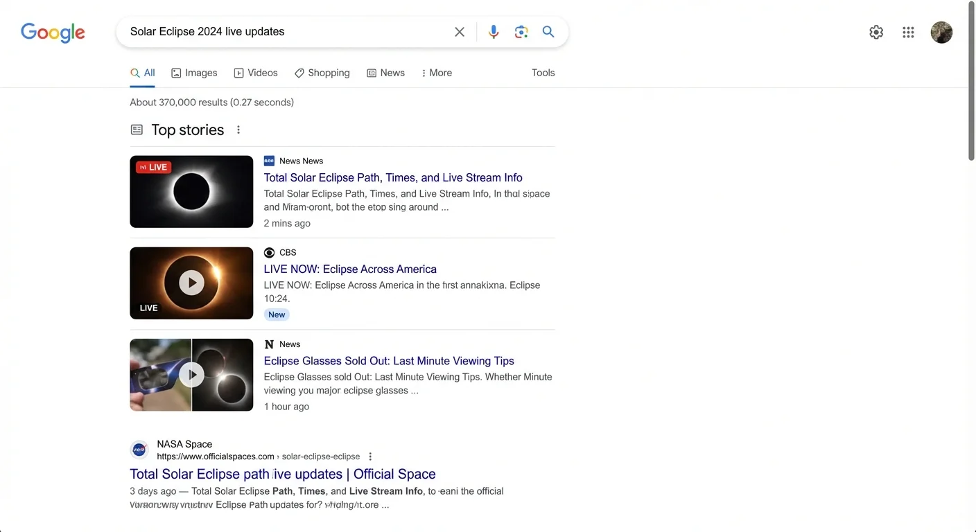 Google search results showing fresh content ranking higher for trending topics