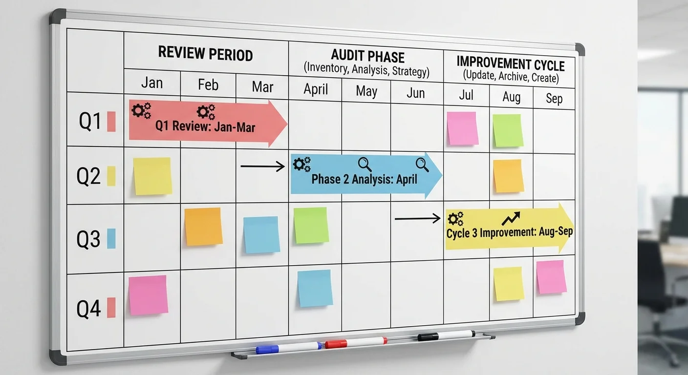 Content audit calendar showing scheduled review periods and improvement cycles