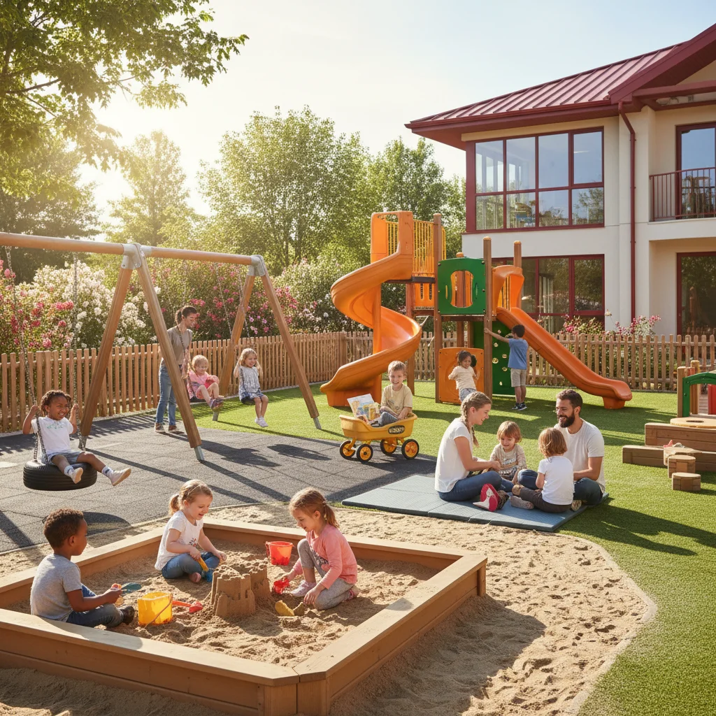 Happy children playing in childcare centre outdoor area with professional photography