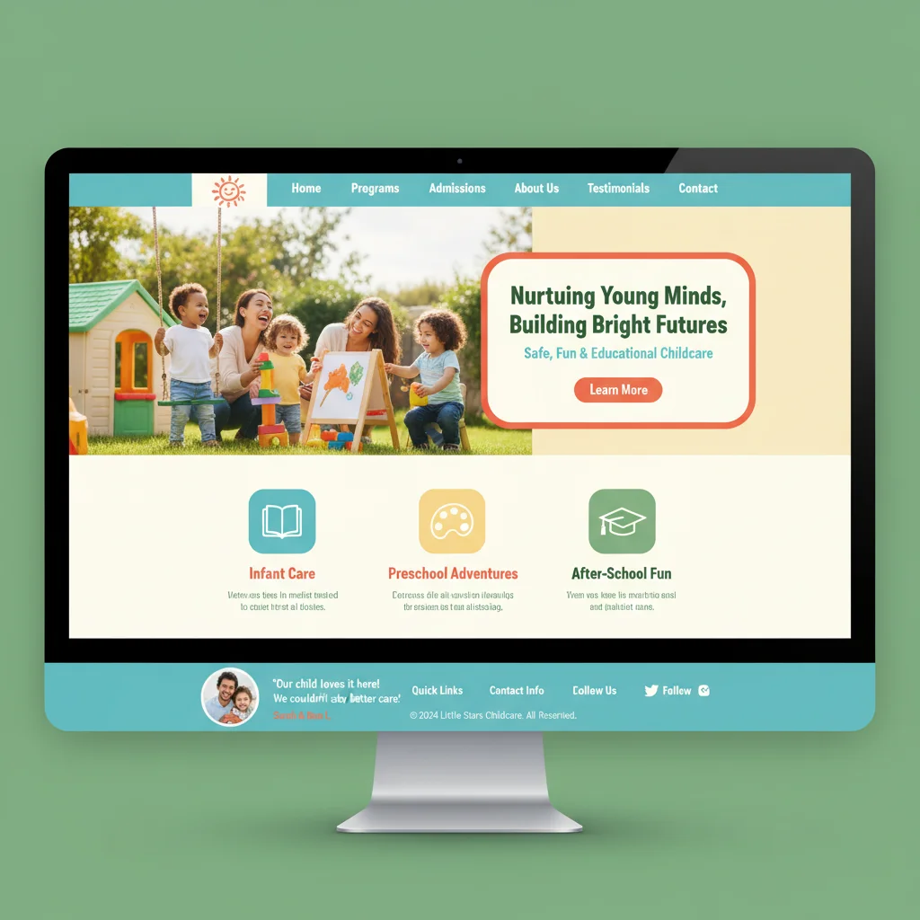 Custom childcare website homepage design showcasing unique brand colours and layout