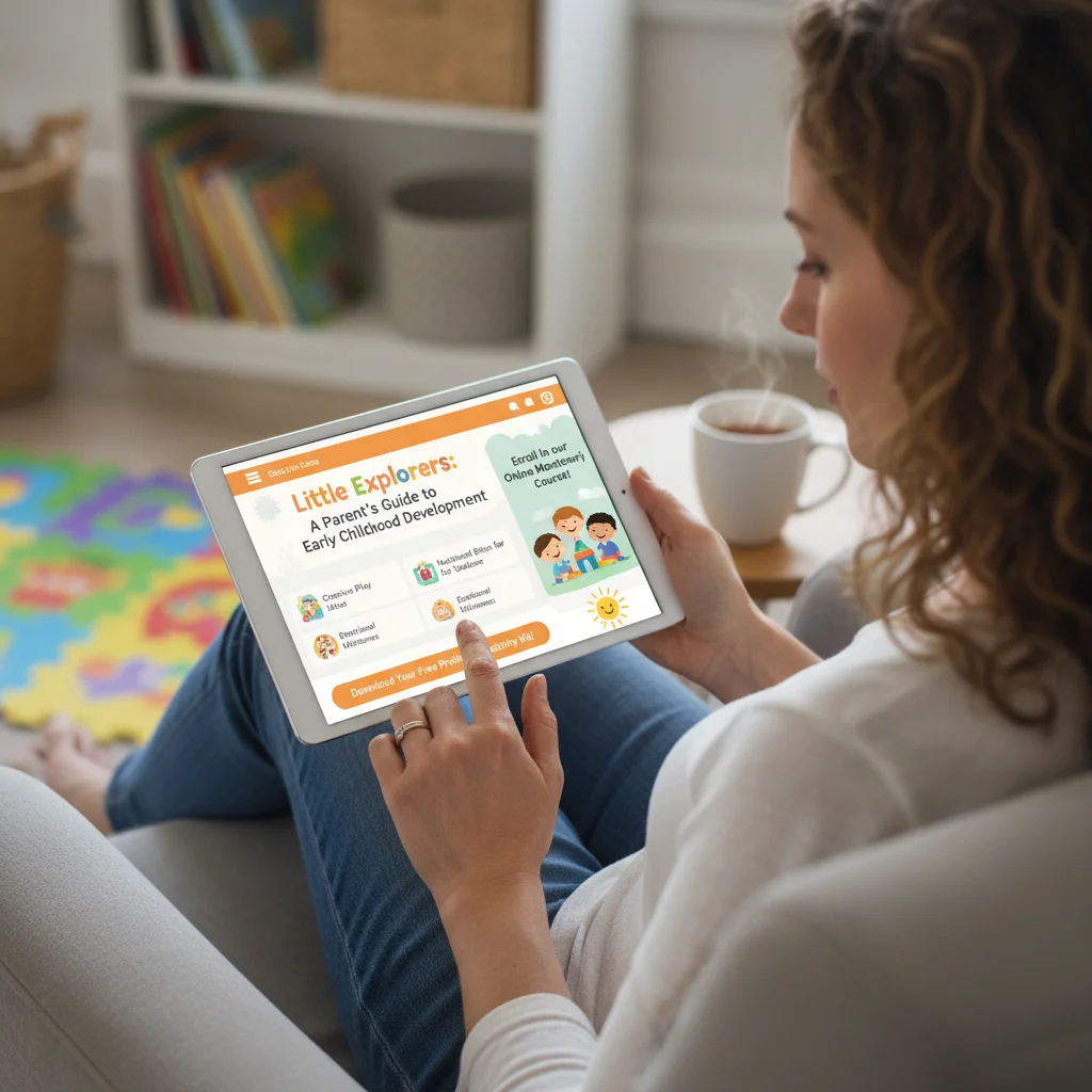 Parent reading childcare centre educational resource guide on tablet device