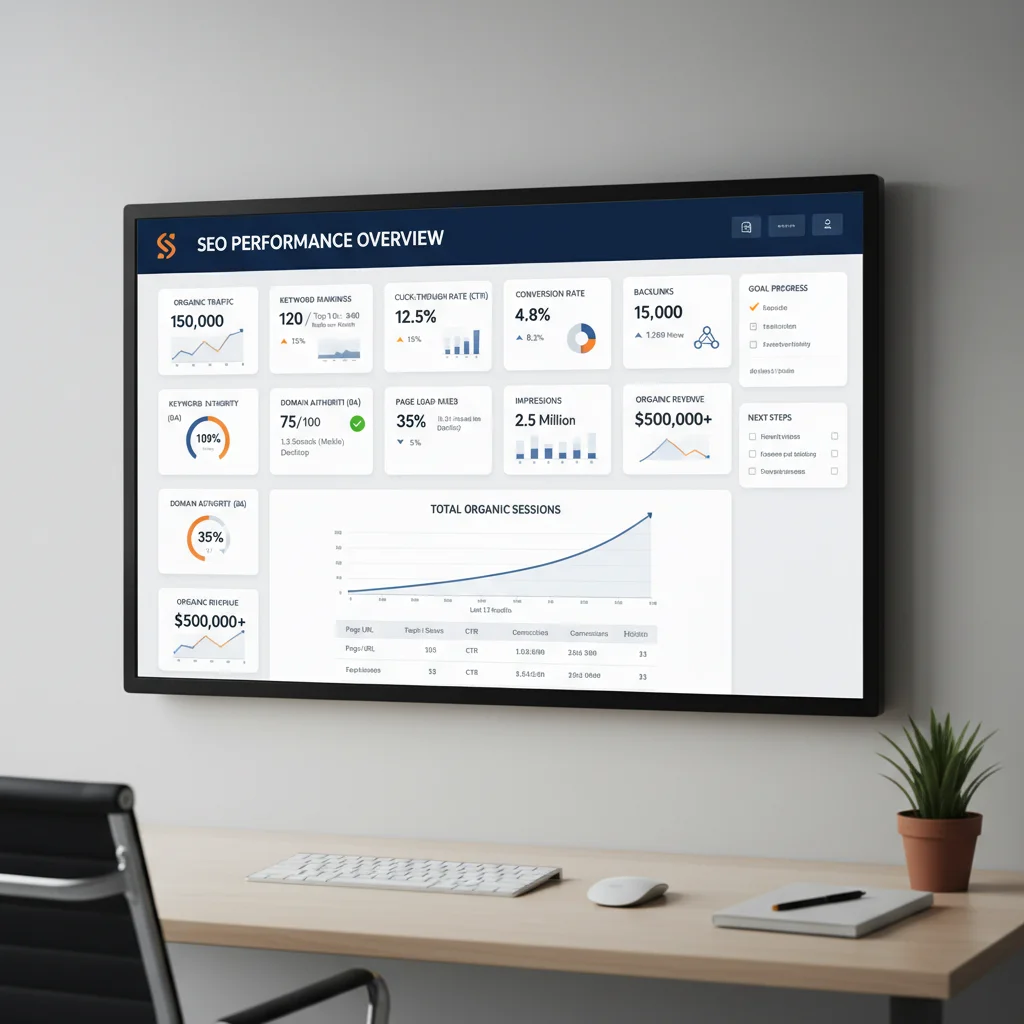 SEO performance dashboard showing all key metrics and KPIs for comprehensive tracking