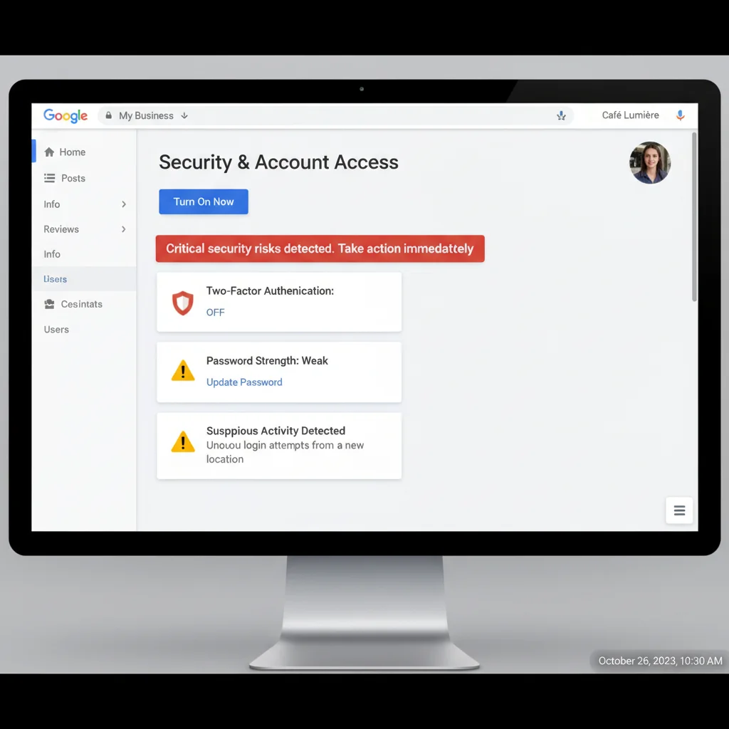 Google My Business profile showing malicious updates and security threats