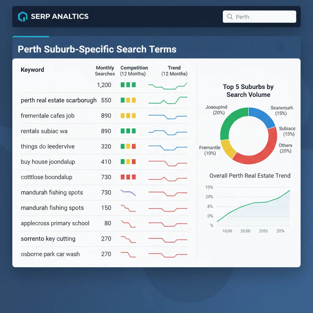 Keyword research showing Perth suburb-specific search terms and volumes