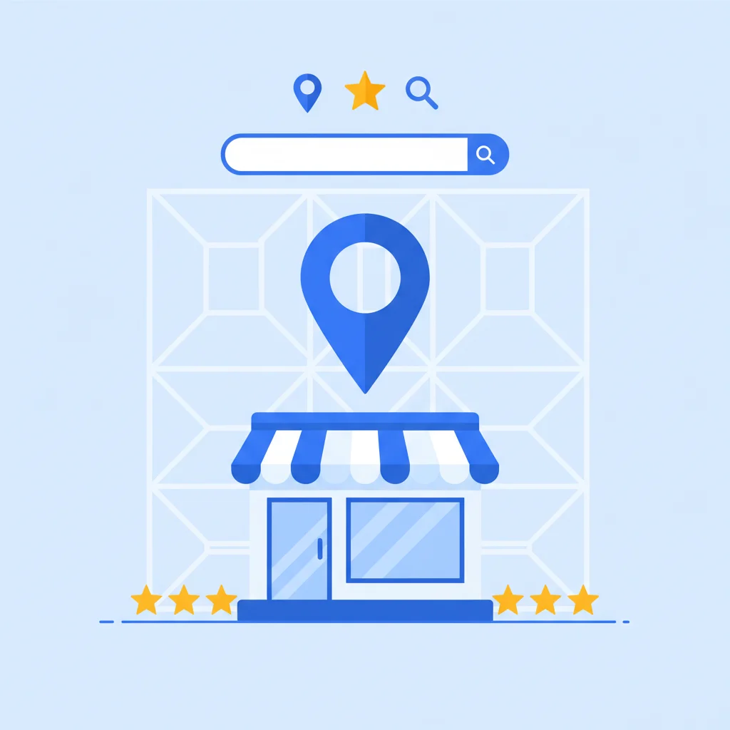 Local business SEO illustration with Google Maps pin and search bar