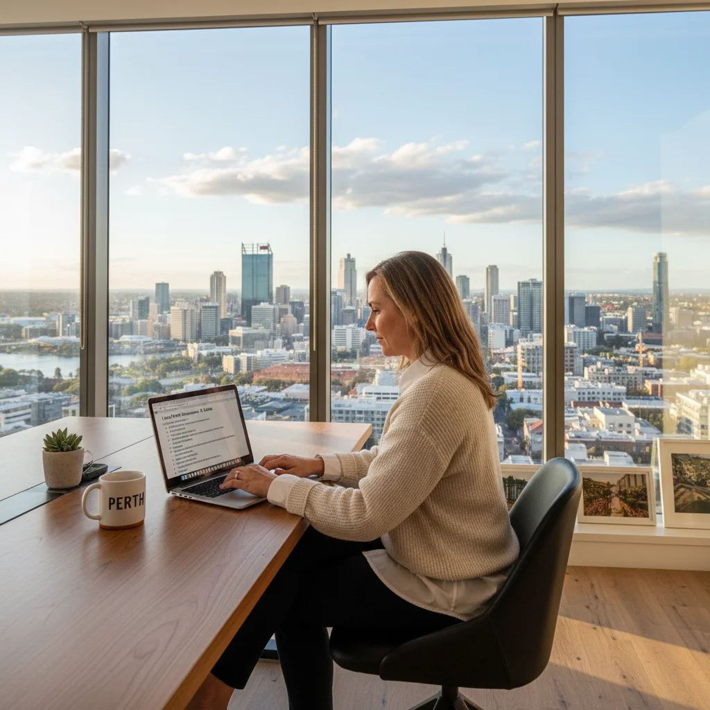 Perth business owner writing local content on laptop with city skyline in background