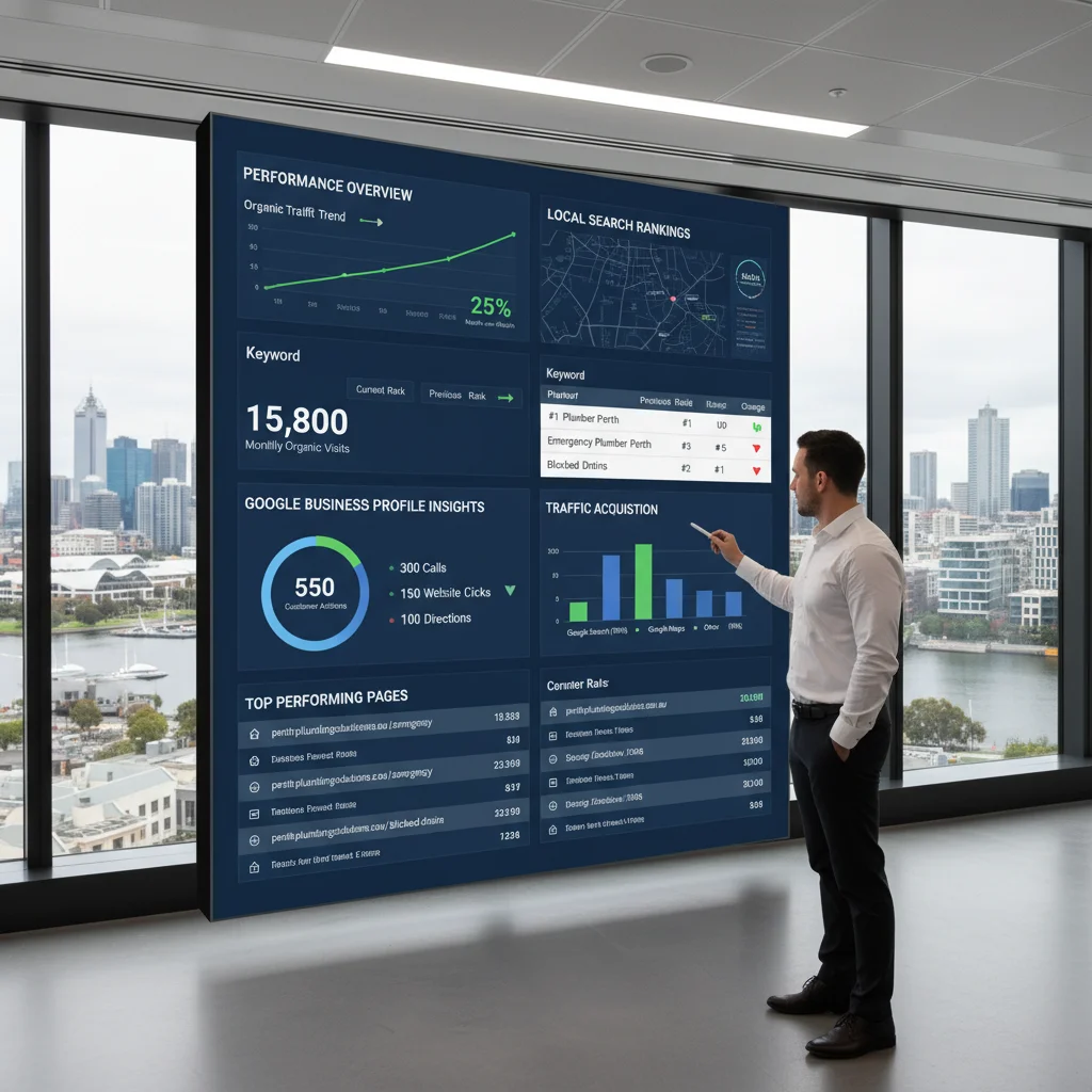 Local SEO analytics dashboard showing Perth business performance metrics